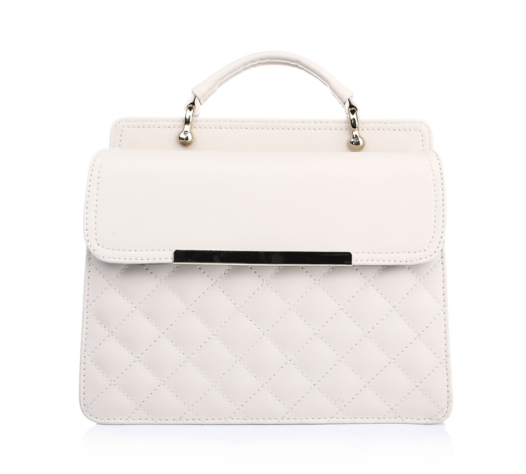 belle/百丽2015年春季黑色pu革车菱格多层手提单肩女包11052ax5 米白