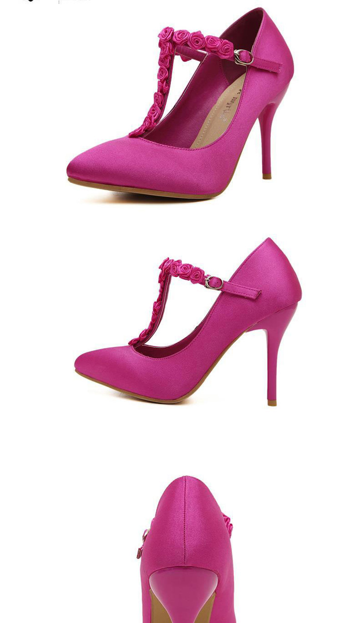 crapemyrtle2015新款女鞋甜美花朵t字扣带浅口尖头细高跟单鞋 玫红色