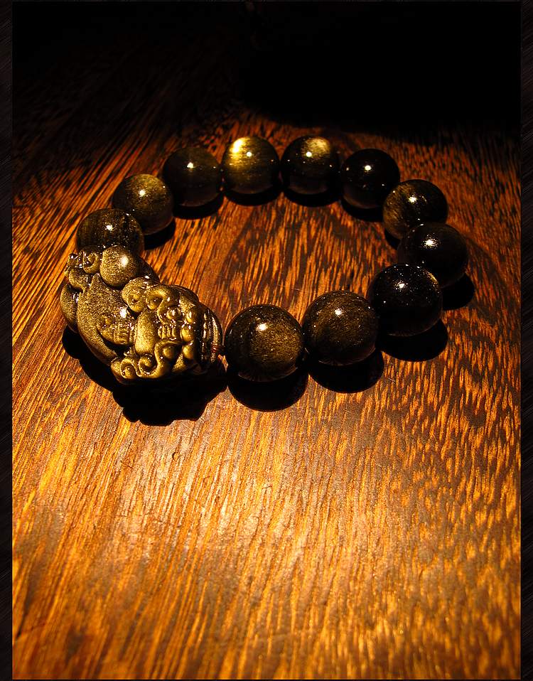 万宗金沙黑曜石貔貅手链男天然金曜石手串佛宝火山石16mm大珠串