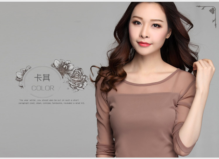 茹森蔓  2016秋季女款t恤性感蕾丝网纱圆领打底衫糖果色长袖低领薄款纱衣  638 黑色 L