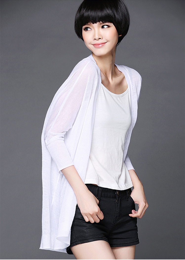 梦娴2015夏新款空调衫镂空毛衣针织衫 女 薄款开衫 女 夏宽松中长款披肩外套 女 白色 均码