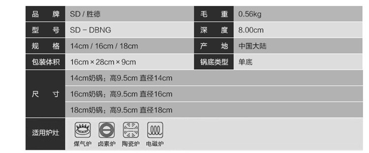 胜德 不锈钢奶锅 单底奶锅 电磁炉燃气通用 18CM