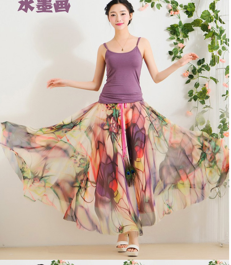 迪龙斯克2015夏季新款女装半身长裙松紧带印花大摆雪纺波西米亚连衣裙沙滩裙 彼岸花开 L