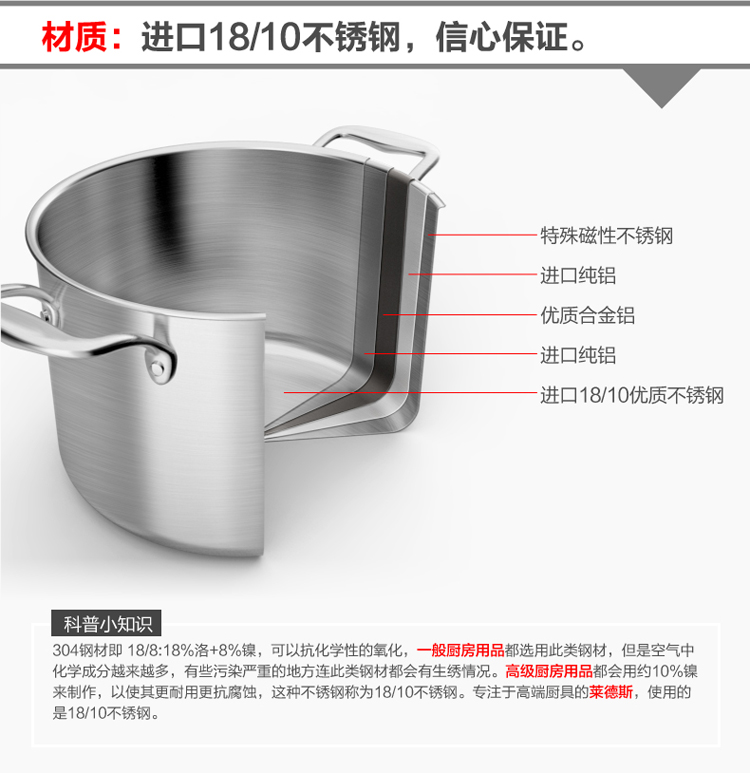 正品莱德斯奶锅 优质304不锈钢平底烧锅不粘无涂层电磁炉通用包邮