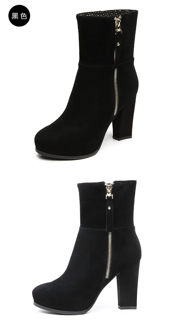 意尔康女鞋 冬季新款羊皮舒适粗跟侧拉链短筒靴亏本特价 蓝色 37