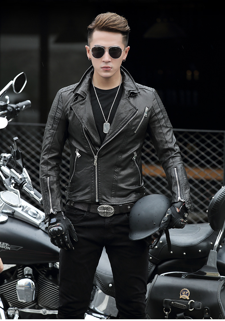 新款机车皮夹克男韩版修身绵羊皮植鞣外套男士真皮皮衣短款外套 黑色