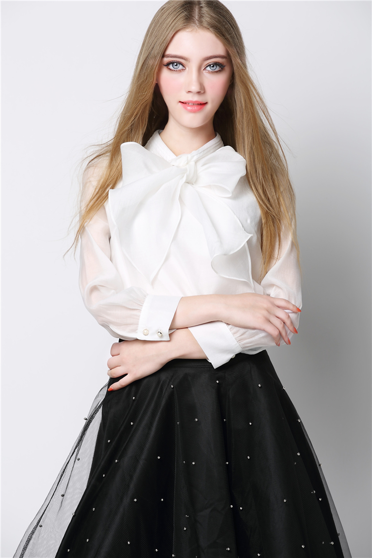 漂亮百合 2015春装衬衫女装长袖蝴蝶结衬衣上衣女 白色 xl