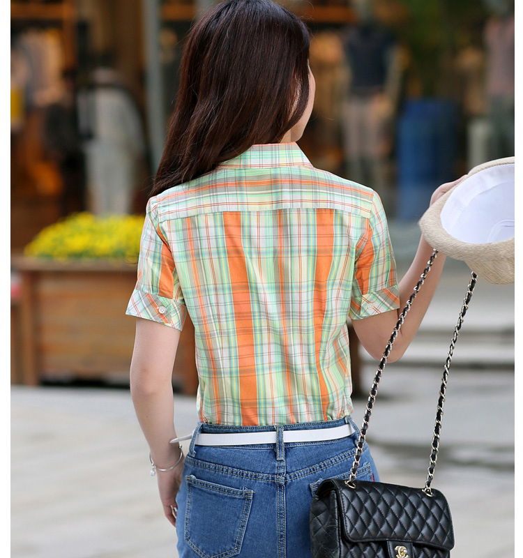 2015新款女装夏装短袖全纯棉格子大码百搭衬衫  20BS系列 2055BS XL