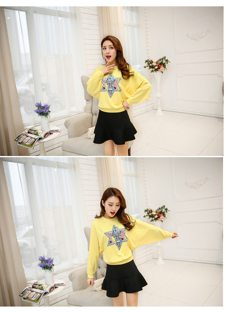 miss zhou`s shop2015韩版春装新品圆领五彩星星上衣t恤针织连肩袖