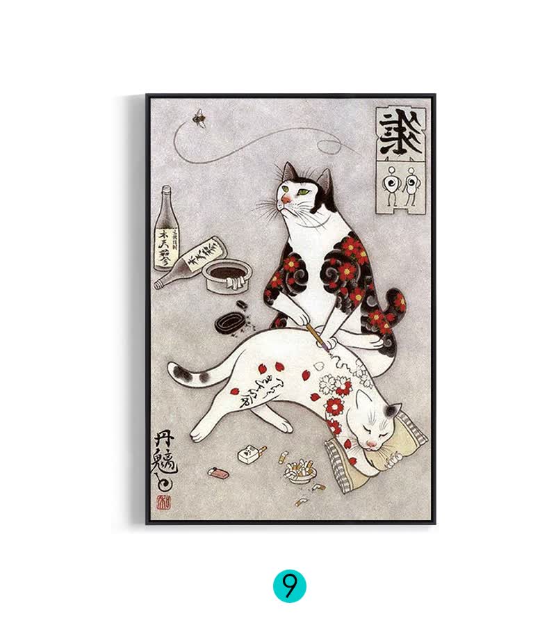 起贝 武士猫 日式挂画纹身店装饰画酒吧挂墙个性创意刺青竖框和风壁画