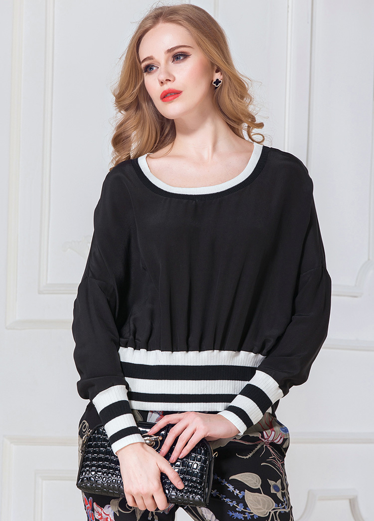 伊莲娜2015春夏装新款真丝蝙蝠衫欧美女装圆领宽松纯色拼接蚕丝t恤