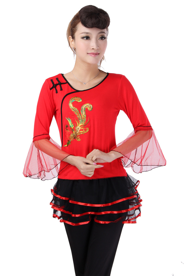 拉丁舞服练功服上衣摩登舞衣舞蹈服女套装 红色 m