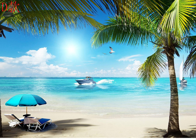 六纹鱼 3d立体地中海风景大型壁画墙布客厅沙发沙滩海景电视背景墙纸