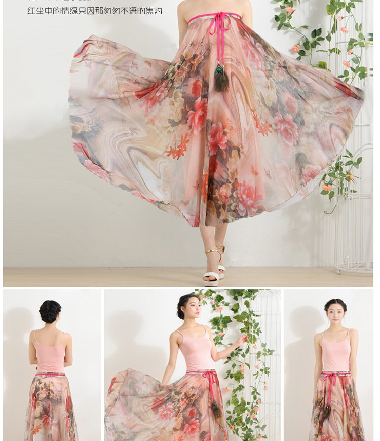 迪龙斯克2015夏季新款女装半身长裙松紧带印花大摆雪纺波西米亚连衣裙沙滩裙 彼岸花开 L