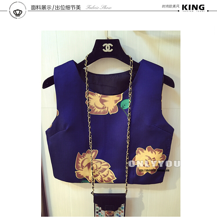 绮彤小镇2015夏季韩版新品时尚名媛优雅复古圆领无袖背心+高腰蓬蓬半身裙长裙两件套装套裙 蓝色 S 胸围86cm