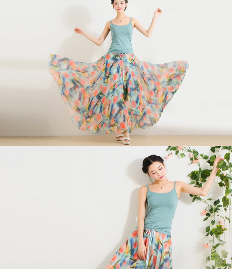 迪龙斯克2015夏季新款女装半身长裙松紧带印花大摆雪纺波西米亚连衣裙沙滩裙 彼岸花开 L