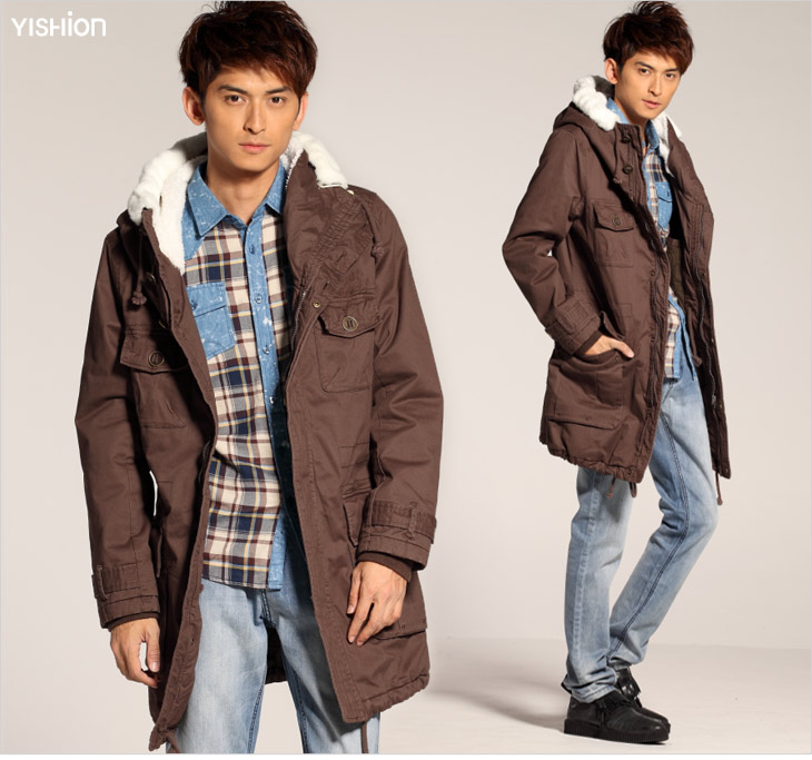 以纯yishion 休闲男装中长款棉风衣外套