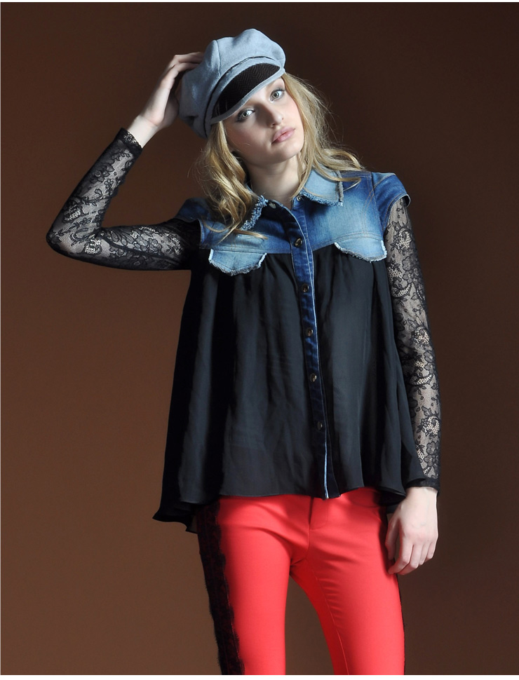 bessie贝茜女装 秋装新品 蕾丝拼接牛仔黑色长袖秋款衬衫 bs12as012