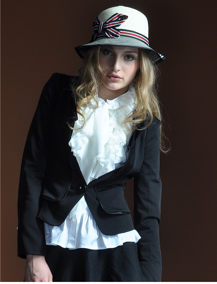 bessie 唯美知性双层荷叶领修身短西装(配胸花)bs12sc021 黑色 s(160