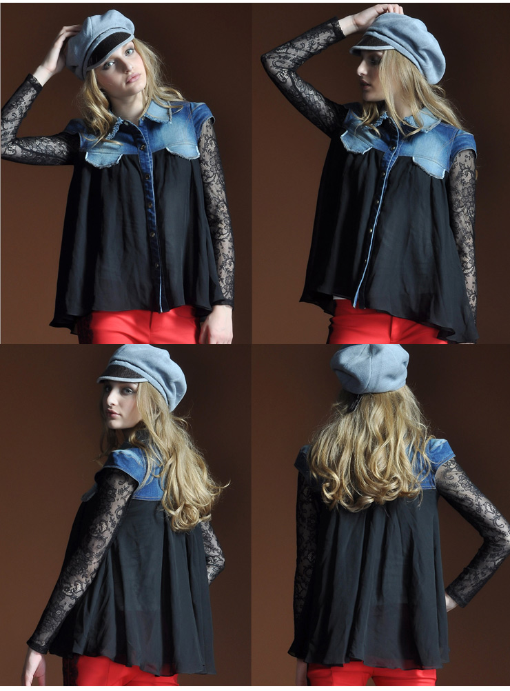 bessie贝茜女装 秋装新品 蕾丝拼接牛仔黑色长袖秋款衬衫 bs12as012