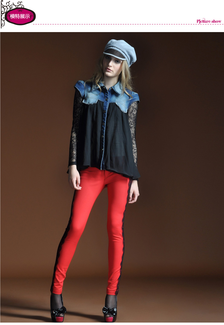 bessie贝茜女装 秋装新品 蕾丝拼接牛仔黑色长袖秋款衬衫 bs12as012