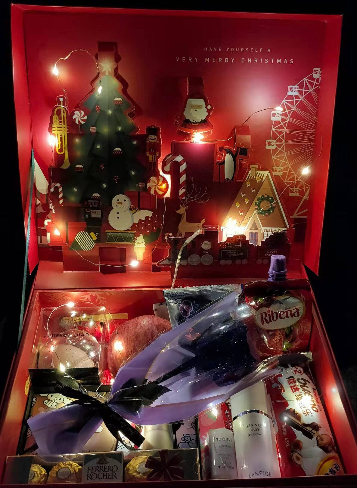 仙窝圣诞节礼盒空盒包装盒新款红色3D立体零食糖果礼品盒平安夜苹果礼物盒圣诞礼盒【礼盒+礼袋+拉菲草+氛围灯+贺卡】