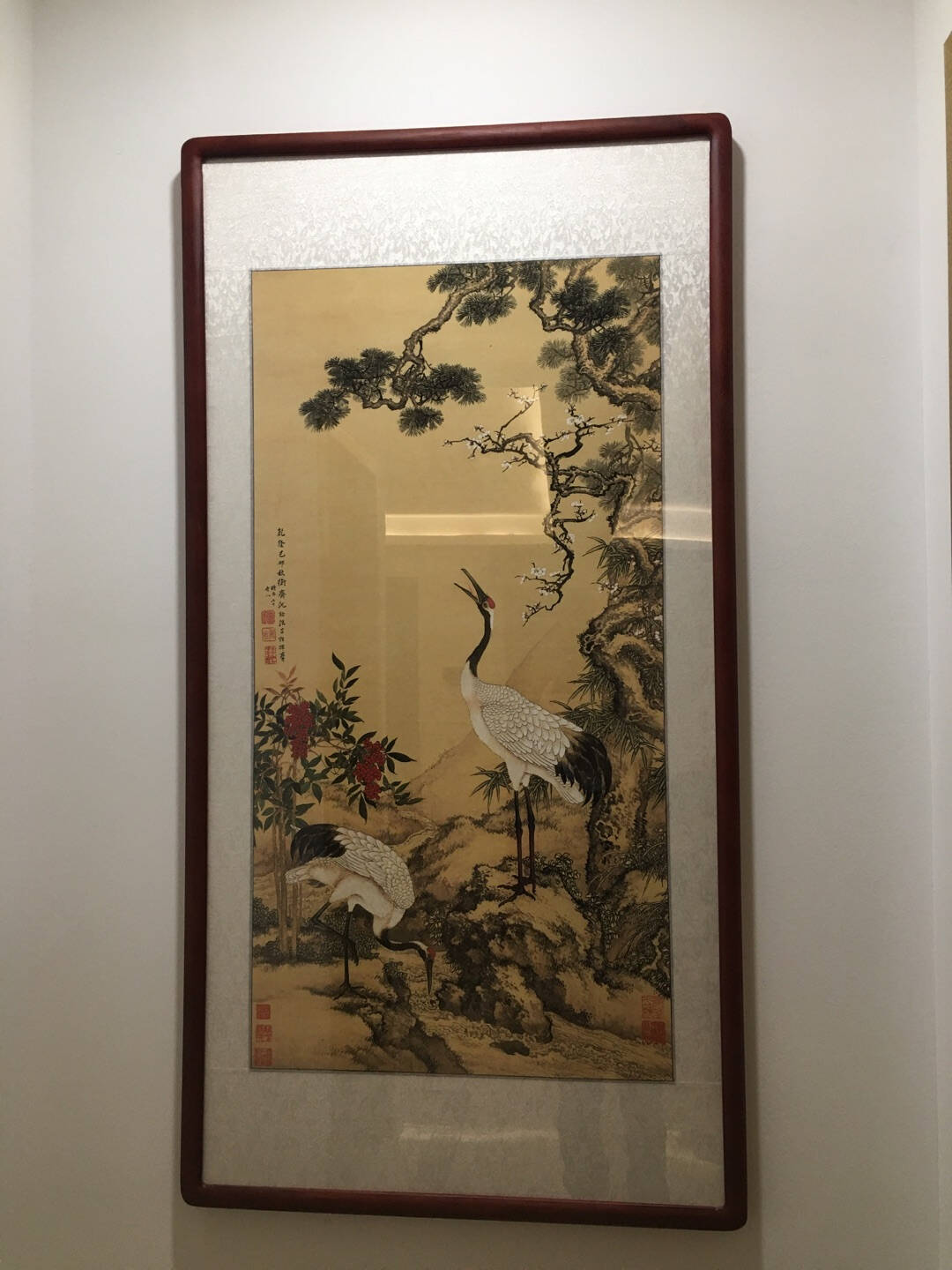 中式玄关装饰画九鱼图挂画松梅双鹤图仙鹤风水画竖版餐厅过道走廊壁画招财长寿国画实木带框壁画松梅双鹤实木画框+有机玻璃125*65厘米