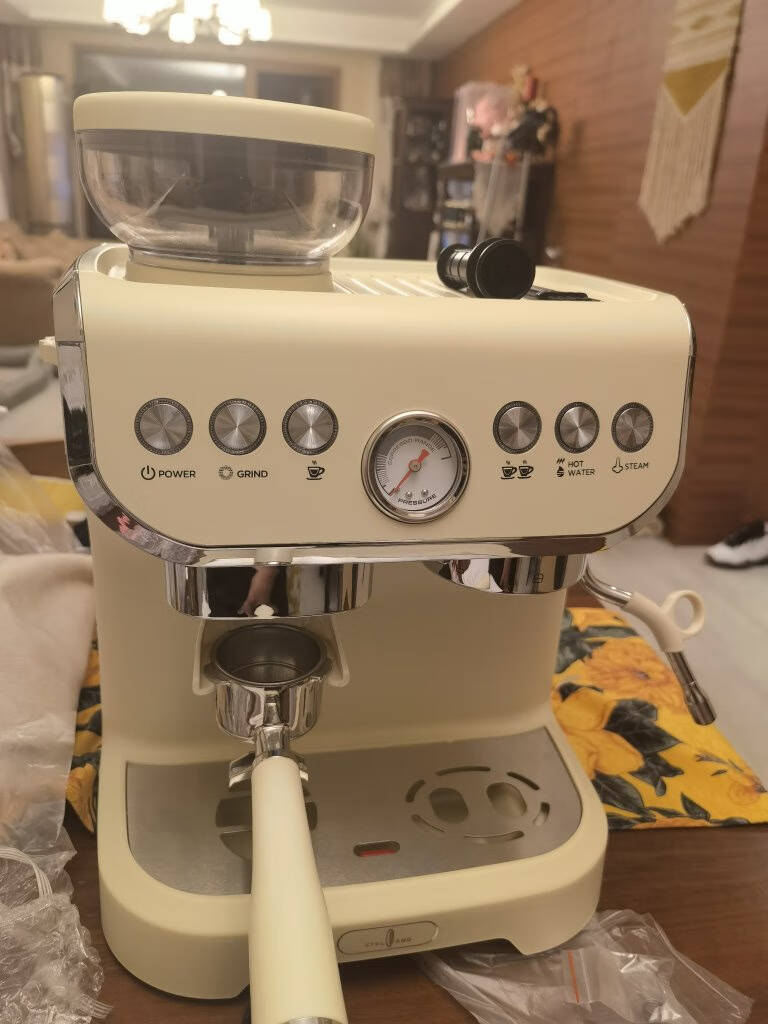 Stelang雪特朗意式全半自动咖啡机家用小型奶泡机研磨一体半商用白色压力显示米白色【压力显示】