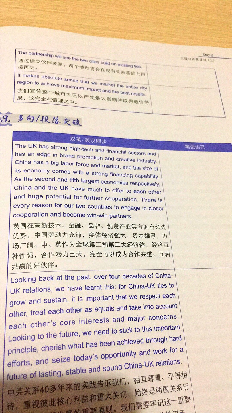 内容总结的挺好的，省了自己总结的力气。缺点是找音频很不方便，必须扫码在线听且不好控制进度，播放体验很差，音频是韩刚老师读的，英文部分还是希望找英美人来读，感觉这音频做的太应付了，毕竟是口译练习，音频质量还是很重要的，建议向CATTI指定用书的音频学习一下，可以下载……还有，书的封底很脏，有折印，感觉是积压品。配送很好。