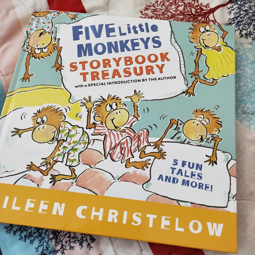 女儿幼儿园邀请我去讲故事，女儿指定要讲《 five little monkeys》，这本书的原版，之前在图书馆借过，女儿好喜欢，我看5只猴子还有其它故事，有活动100-50，就下单买下来…划算，质量很好，一本书包含几个故事，不用担心太多本书散开~