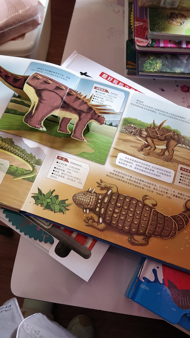 恐龙的画面都很生动，书的页面都挺硬的，不容易撕坏，印刷质量很好，色差都很清晰，颜色鲜艳，给孩子多看书少看手机