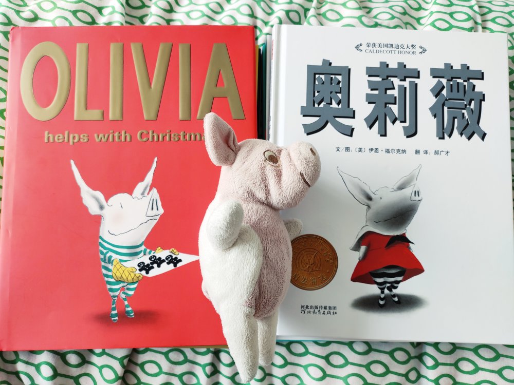 买了很多书，Olivia是最爱。刚好家里还有一只宜家的小猪，完美
