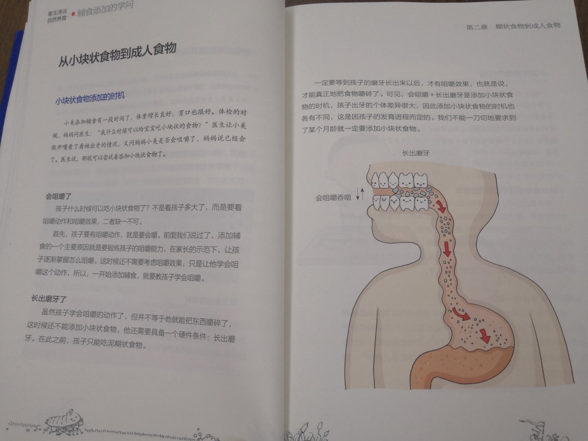 崔医生的这本辅食添加学问，详细的介绍了婴儿按时添加辅食的必要性；辅食添加的原则（如何真正做到从稀到稠，从细到粗，从一种到多种）；如何从泥糊状食物过度到成人食物；如何合理的搭配食物的种类；如何添加调味品等，解决了新手爸妈对喂养孩子无从下手的烦恼。特别是第四章的喂养细节里，选择什么辅食？在什么地方吃？谁来喂？选择什么餐具等等，给困惑的新手爸妈提供了很好的指导。真是适合每个家庭必备的育儿书。