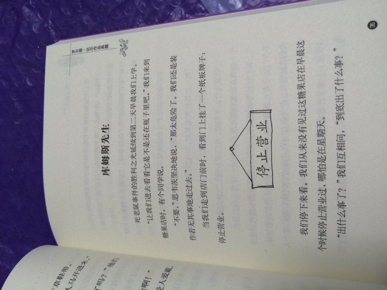 一次性买了罗尔德.达尔的两本书，之前买过《了不起的狐狸爸爸》，孩子很喜欢。这次也是老师推荐的，孩子很期待。自营的快递没得说，真厉害，头条下单，第二天早上送到。包装完整无损，而且用的是比较厚的能缓冲的外包装袋。书籍印刷精美，字迹清晰，没有异味。整体很好。