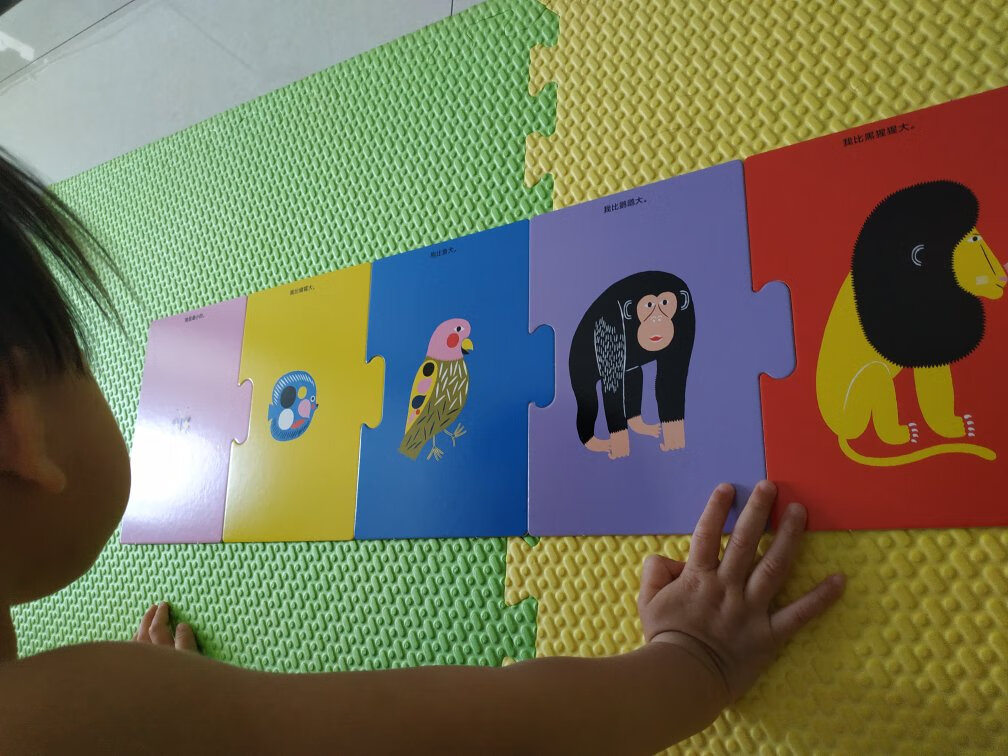 被这套《0-3岁视觉激发游戏书》惊艳到了，每一本书的颜色都鲜亮明快，图画轮廓分明，对比强烈，能给宝宝提供丰富的视觉刺激，提升宝宝的视觉关注力。其中两本有很多互动翻翻页，增加了亲子阅读惊的互动性，激发宝宝的学习兴趣。另外两本有地板拼图，像玩具一样，可以比大小，认前后，和孩子边拼边玩十分有趣。超厚的磨圆角纸板，在阅读游戏过程中更安全，夏天特别喜欢，玩得爱不释手，家有低幼小宝宝的都可以入手。