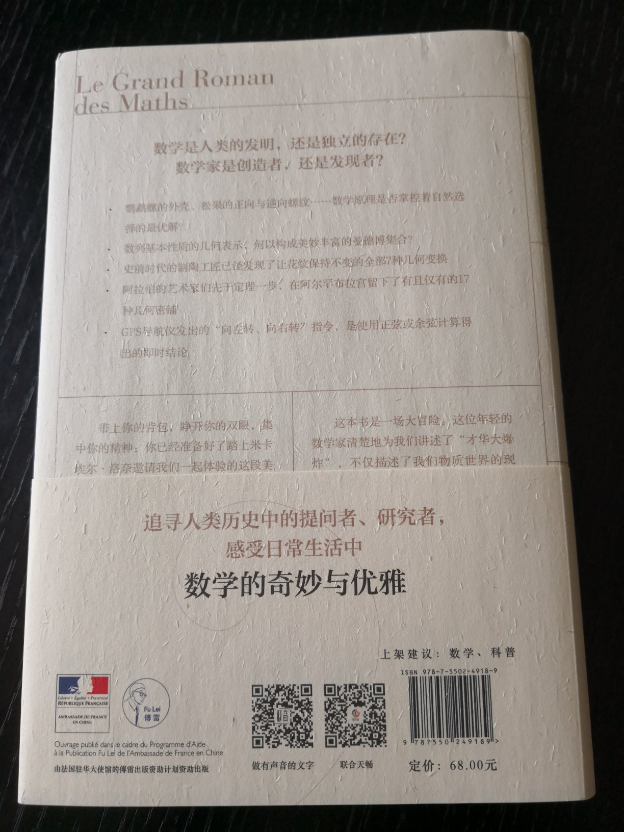 本书将带领我们穿越回史前时代、四大文明古国、欧洲中世纪与文艺复兴时期，也会带领我们漫步于巴黎卢浮宫与发现宫。作者巧妙运用历史学的方法，构建了无数历史或现今的场景，将数学从亭台楼阁之上带入我们的日常生活，将数学之美化为一篇篇优美的文字，娓娓道来。