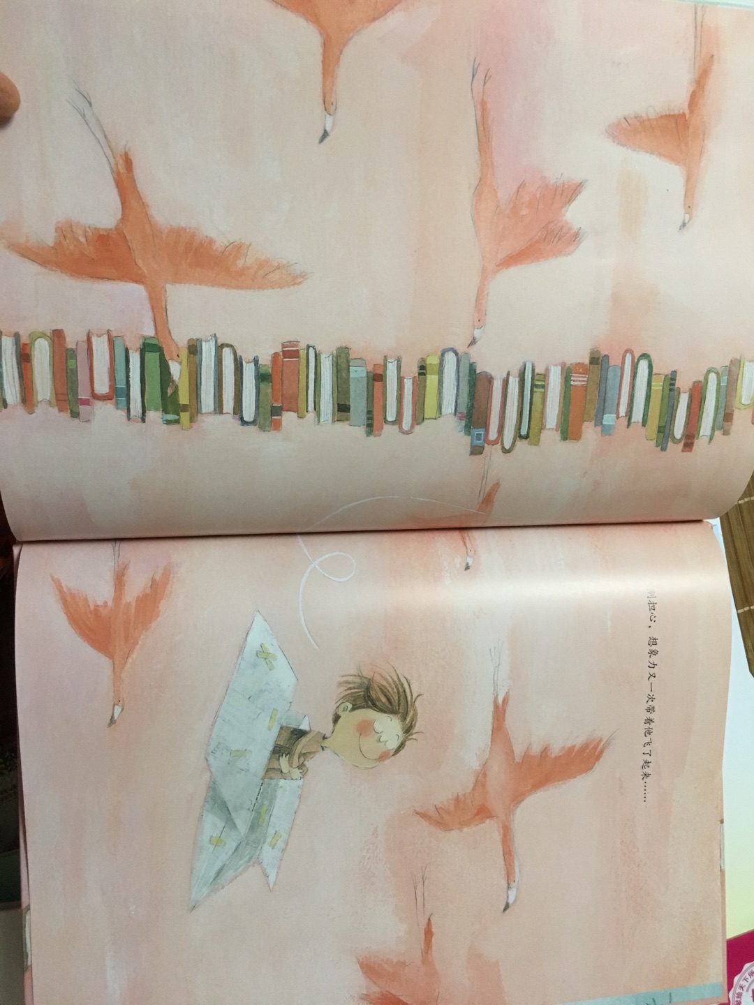书的绘画风格有点模糊雾蒙蒙的，内容不错，讲一个小男孩想飞起来，妈妈给了他一本书，他就爱上了看书，看了很多很多书，书堆积如山，想象力丰富的飞了起来