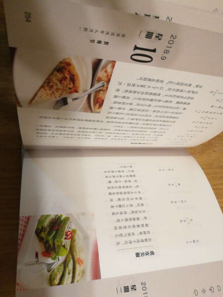 以为能当个台历用，不行，就是本加印了日历的菜谱书。菜谱不错，字有点小。