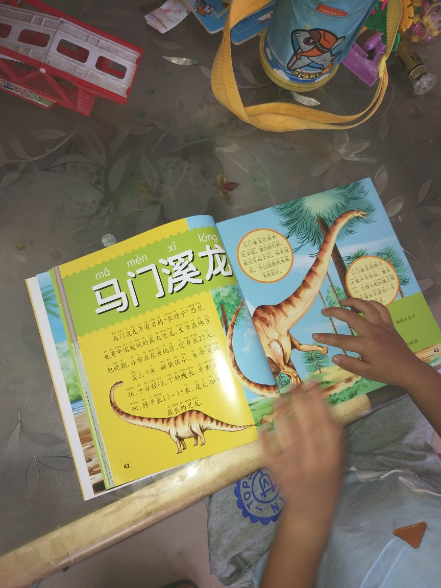 儿子三周半上面的恐龙已经全部认得，家里还买了一堆塑料恐龙，恐龙迷，他现在还想钻到书里找恐龙玩！