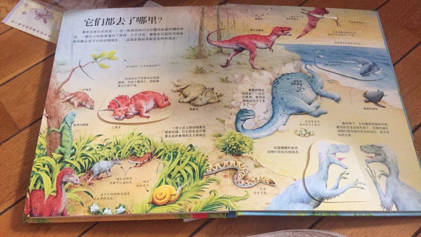 每一个孩子都是恐龙的粉丝！这本书全方位的介绍了恐龙，当看到他们都去了哪里，孩子看着恐龙死了，还伤心了，说会想恐龙的，单纯可爱的孩子