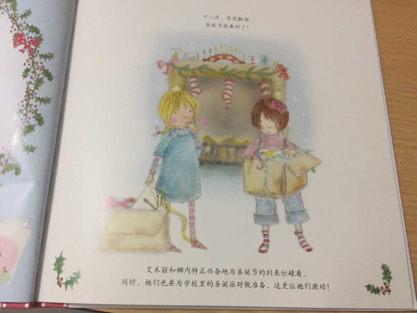 一本关于友谊的书，两个小姑娘一起准备圣诞装备并一起去玩雪人，其中一人因为玩雪生病了，另一人准备两人的圣诞仙女裙和礼物装备，然后去探病。内容浅显易懂，水粉画画风还可以，放在书柜里三岁半女儿会去自主阅读。
