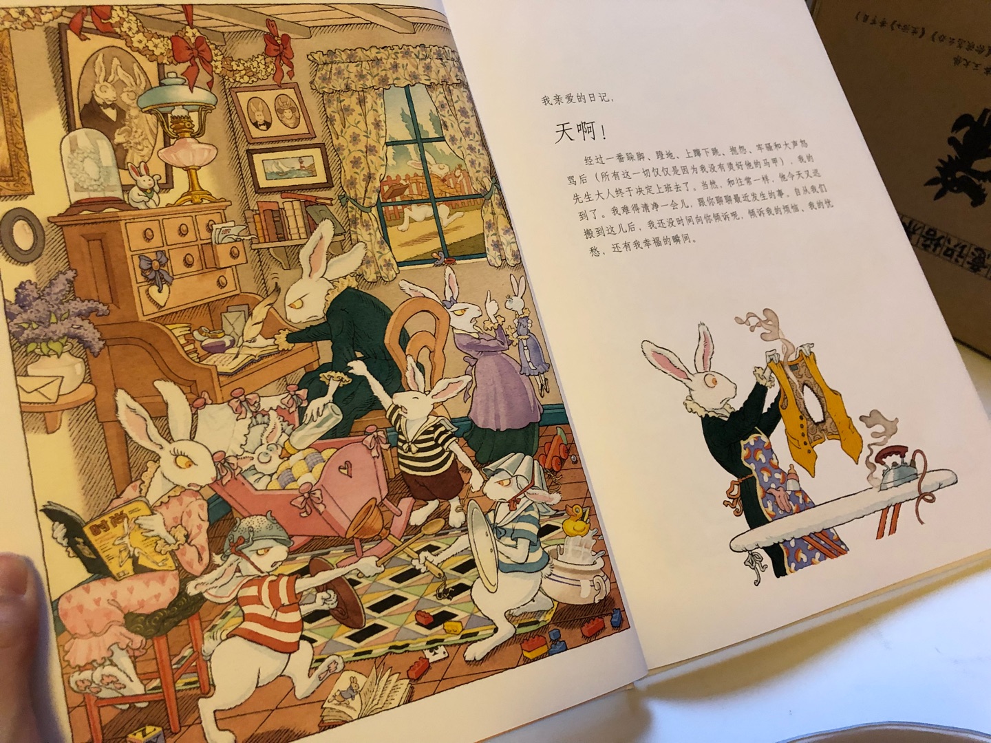 很大一本书，书架都放不下，只能横过来放，这本书感觉就是爱丽丝梦游仙境的白兔的番外篇，跟随着白兔夫人的日记，了解到白兔先生的家庭生活，内容很有趣。