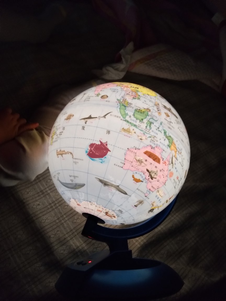 地球仪不错，开了小夜灯后更漂亮，宝宝很喜欢玩，不同区域还有一些特色的图案。