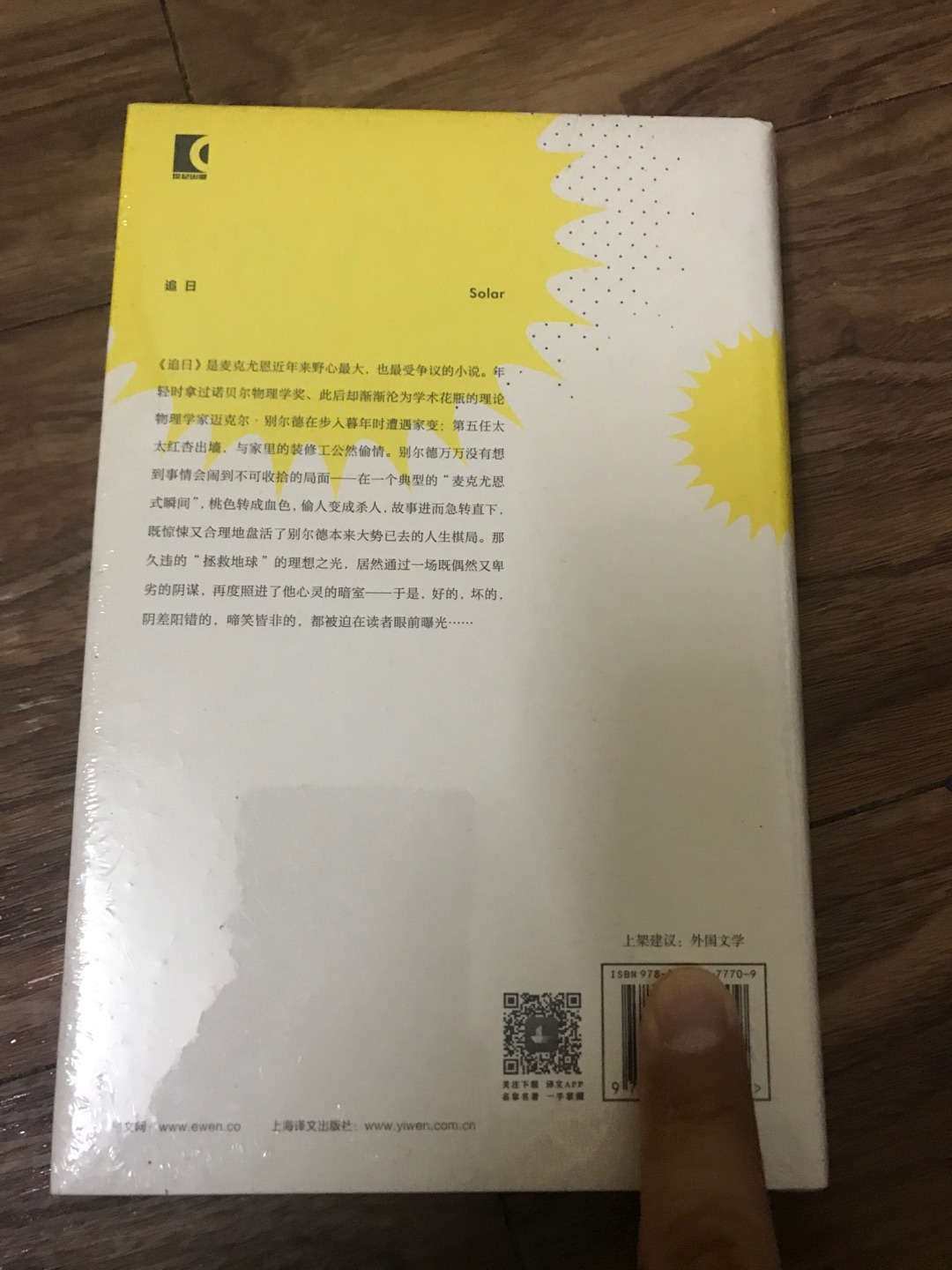 上海译文出版社出版的麦克尤恩作品集之《追日》，麦克尤恩在英国文坛堪称奇迹。这套书均是32开本的硬壳精装，方便携带阅读，印刷精美，字迹清楚，行间距便于阅读，值得推荐。