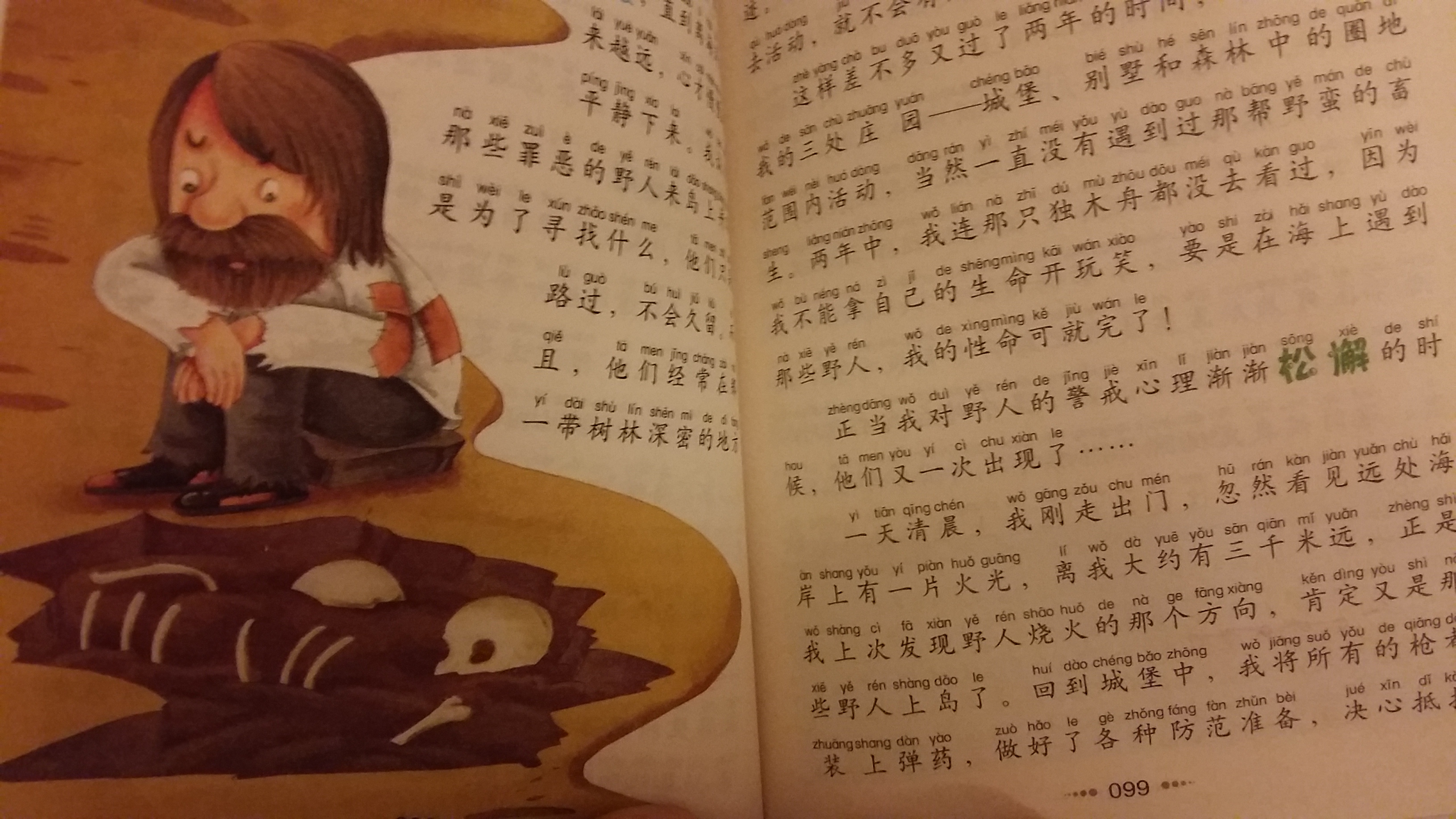 这版不知为什么翻译的是“鲁滨孙”，不过编译的内容很生动，有注音，适合低年级的同学看！