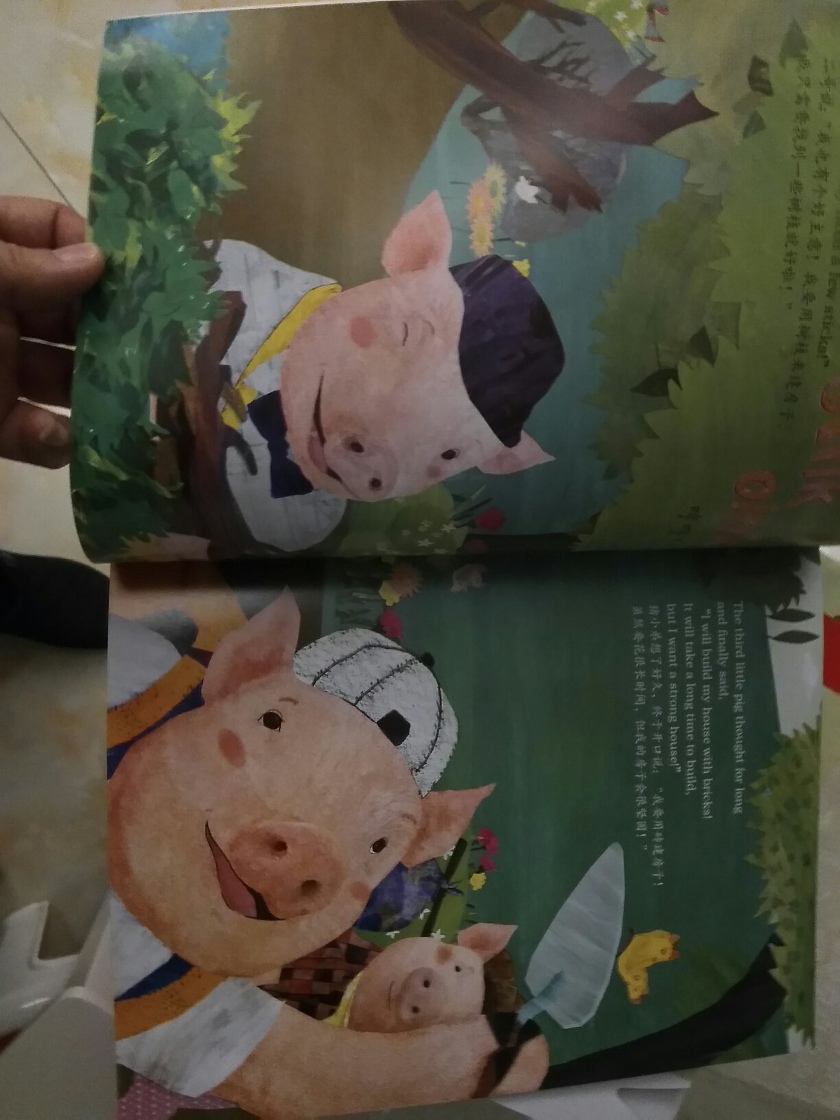 宝宝最喜欢我给她讲睡前故事，以前一直讲的是三只小猪，这次看到有英语版的，就买回来了。图片颜色清晰，内容丰富。