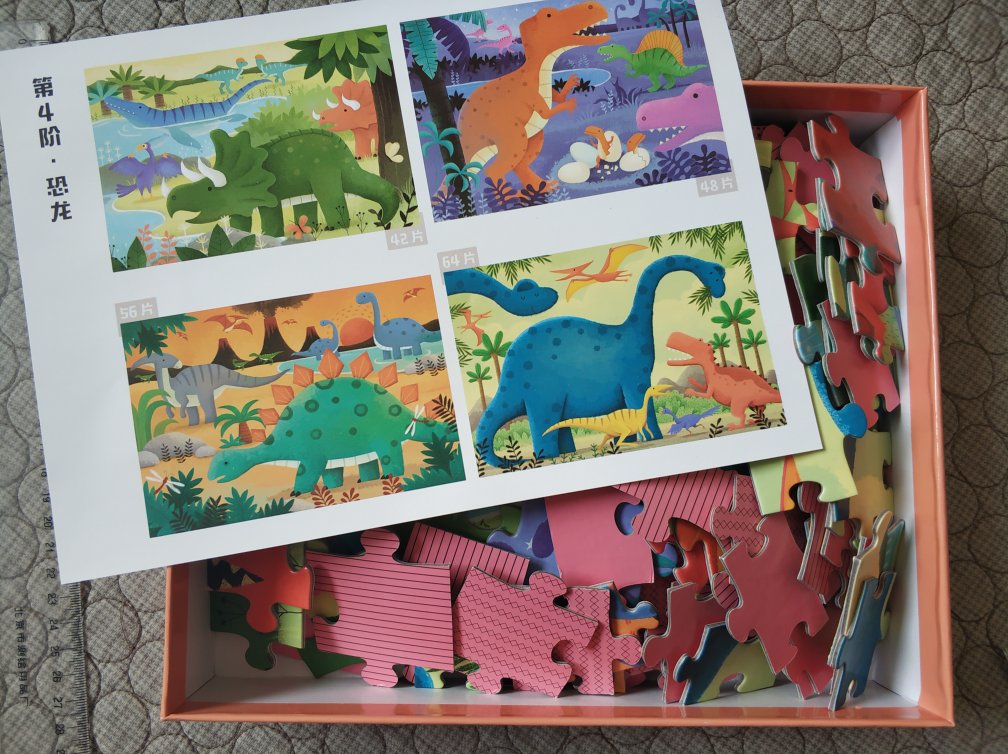 一个盒子，里面混合4幅拼图。恐龙主题，孩子很喜欢。适合4岁，5岁的孩子，太小了，不会拼，打消积极性，太大了，简单没意思。