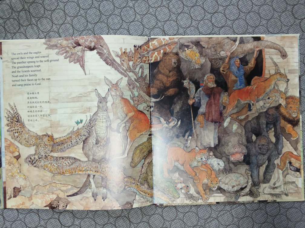查看了多本诺亚方舟的绘本，当属这本最值得推荐。画面精美，气势宏大，不是简单的图画堆积，足以看出绘者的用心之深。对于孩子的审美也很有好处。