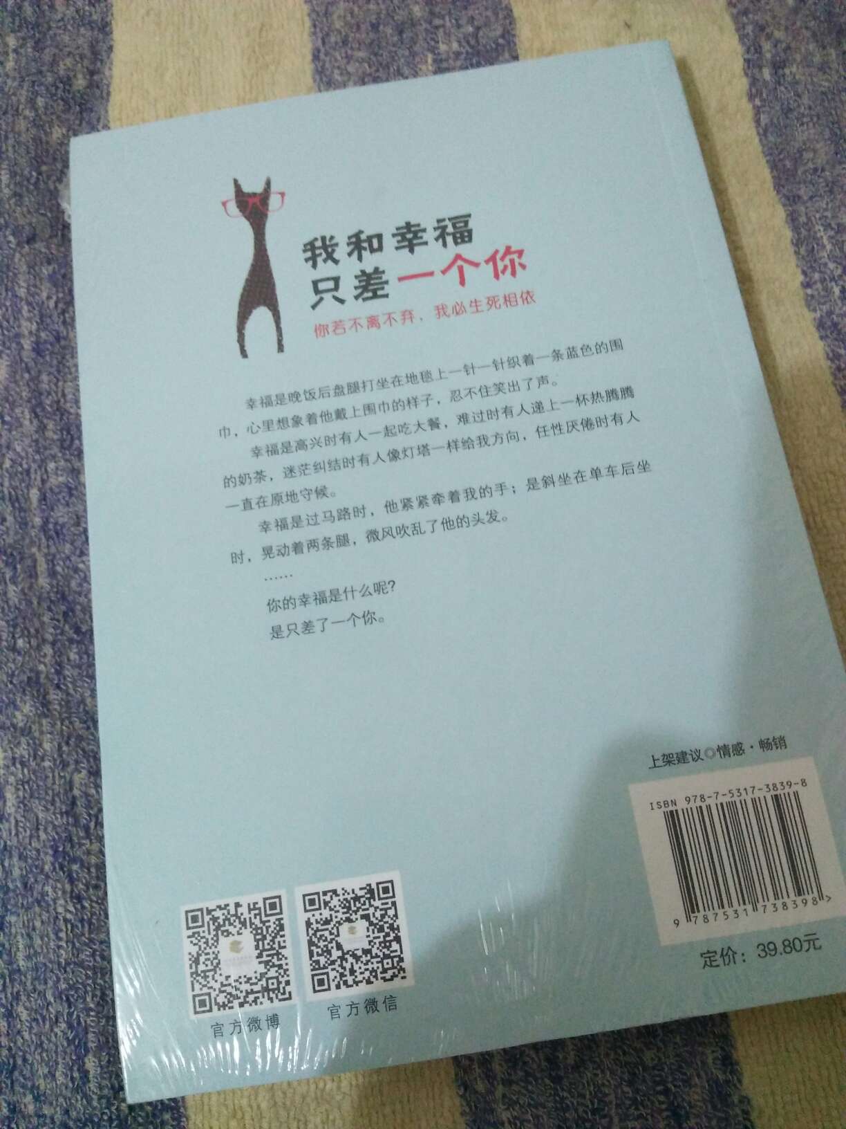 哈哈，看到这个封面就觉得十分有趣，很温馨～很喜欢这段文字?幸福就是高兴时有人一起吃大餐，难过时时候有人递上一杯热腾腾的奶茶……任性厌倦时有人一直在原地守候……