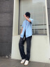 Calvin Klein  Jeans夏季男士休闲棉麻简约刺绣字母贴袋短袖衬衫J320784 CDN-浅蓝色 L 晒单实拍图
